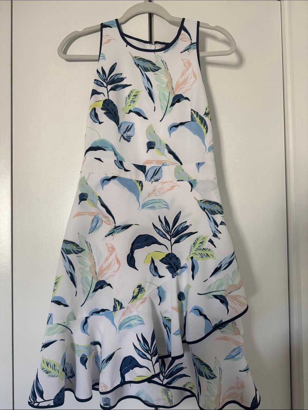 Banana Republic White A-Line Dress with Navy & Pastel Leaf Print